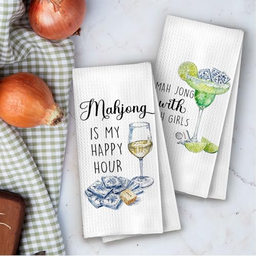 Image of Mahjong Gifts Kitchen Towels Set - Mahjong Wine Decorative Waffle Dish Towels, Chinoiserie Mah Jong Martini Hand Towels, Alcohol Mah Jong Friends Gifts Tea Towel, 16x24 Inches Set of 2