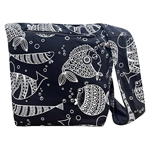 Fish Print Crossbody - Fully Lined with Front Zippered Pocket - Small Hobo Cotton Sling Messenger Bag - Black & White, Black and White, S Cover