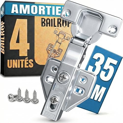 Charnière Porte Placard et Cuisine (Lot de 4) 35 mm Recouvrante 110° - Charnière porte Cuisine Avec Amortisseur - Pour Placards, Armoire et Meuble