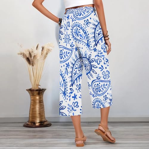 Womens Capri Pants Paisley Print Summer Casual Wide Leg Pants Drawstring Elastic Waist with Pockets4