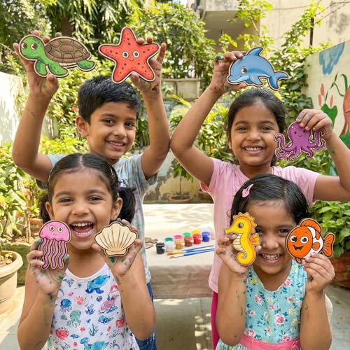 Image of ImagiVibe Paint Your Own 9 Sea Creatures Fridge Magnet DIY Kit for Kids | Ocean Theme MDF Painting Craft Set | Creative Art & Craft Activity | Made in India (Sea Creatures)