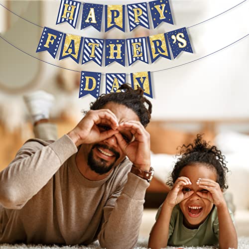 Image of Happy Father's Day Gold Banner Bunting Banner for Dad Father's Party Decorations Backdrop Garland for Father's Day (blue gold)