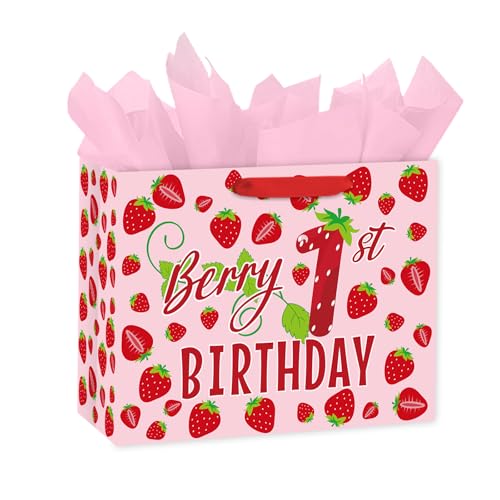 Loveinside 13 Large Berry 1st Birthday Gift Bag Sweet Pink Strawberry Theme Gift Bag with Tissue Paper for Baby Girl First Birthday New Born Baby Shower Party Favor 13 x 5 x 10 1 Pcs