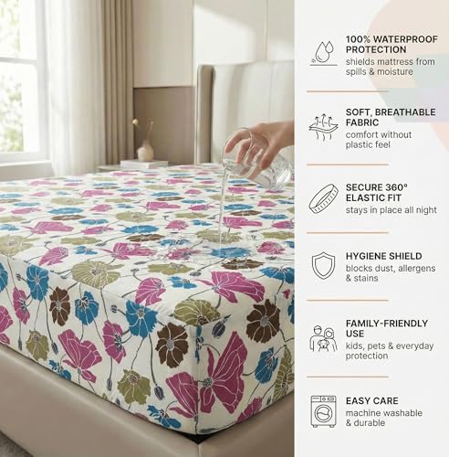 Image of VAS Collections Waterproof Fitted Bedsheet King Size (78x72+8 inches) with 2 Pillow Covers | Noiseless, Leakproof, All-Round Elastic (White, Green & Blue, Fitted Bedsheet (78 X72 inch))