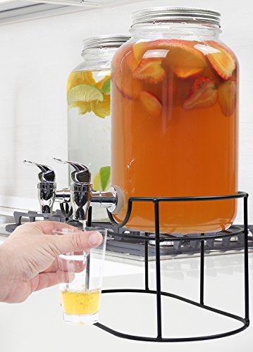 Estilo 1 gallon Glass Mason Jar Double Beverage Drink Dispenser On Metal Stand With Leak Free Spigot
