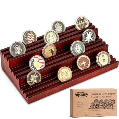 resuoop Challenge Coin Display Stand - Where Every Coin Tells A Story - Solid Wood Military Coin Rack | 9-Row Ladder Design Holds 45-60 Coins | Desktop Holder for Army Police Firefighters (Walnut)