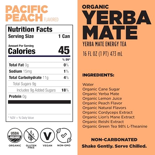 Image of Daytrip Organic Yerba Mate Energy Drink- Clean, Plant Based Caffeine (200mg) with Adaptogenic Mushrooms and Green Tea for Focus and Brain Fog - Low Calorie, Low Sugar (12 Pack Case)