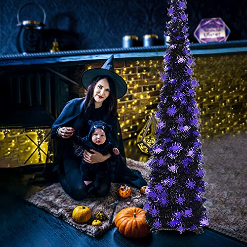 Fonder Mols Halloween Black Tinsel Tree w/ Purple Spiders, 5ft Collapsible Pop Up Artificial Spider Pencil Tree for Home Fireplace Front Door Party Decor Indoor Outdoor
