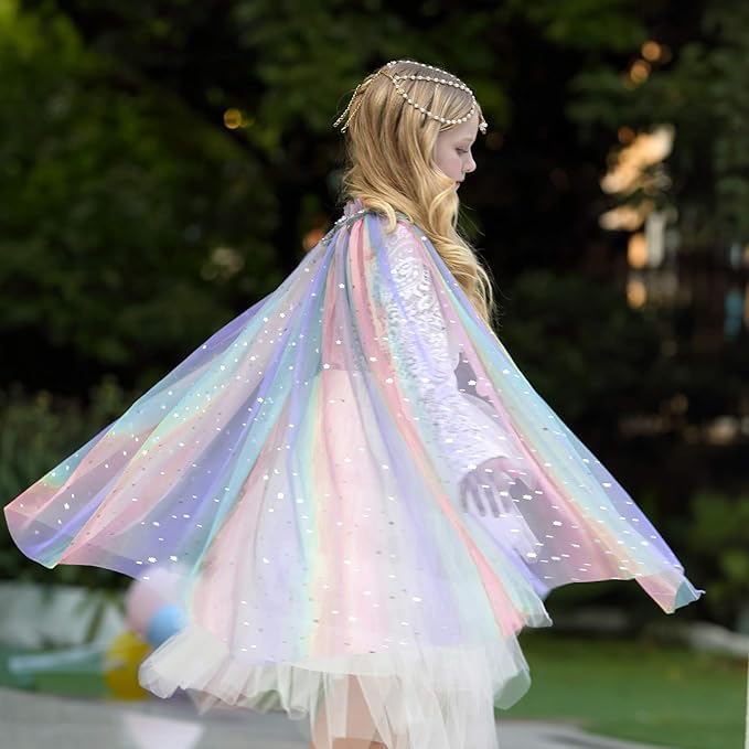Image of Princess Cape for Girls - Colorful Sequin Cloak with Crown and Wand for Birthday, Halloween, Fancy Dress & Carnival