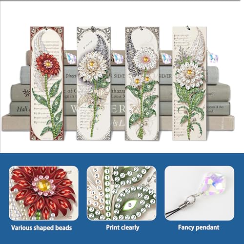 Image of 4-Pack 5D Flower Diamond Painting Bookmarks Kit, DIY Diamond Art Bookmarks with Colorful Diamond Gems and Tassels, Floral Bookmark Making Set for Adults, Gift for Book Lovers