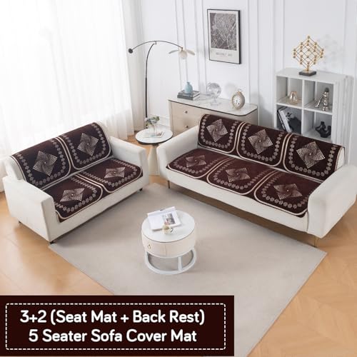 Image of HOKIPO Sheesh Brown Premium Chenille Jacquard Sofa Cover 5 Seater - (3+2) for Seat & Back | 'Royal Aangan Series' (IN-1008-L5*2 + IN-1007-L5*2)