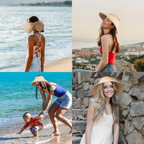 Image of NPQQUAN Sun Visor Hats for Women Wide Brim Ponytail Straw Beach Hat Packable Foldable UPF 50+ Floppy Travel Hats