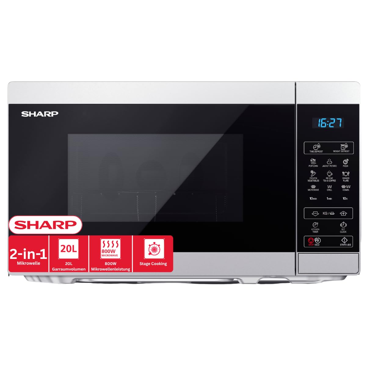 SHARP YC-MG02ES - Horno microondas 20 litros, con función grill, programa de descongelación, 11 niveles de potencia, función temporizador, plato giratorio incluido