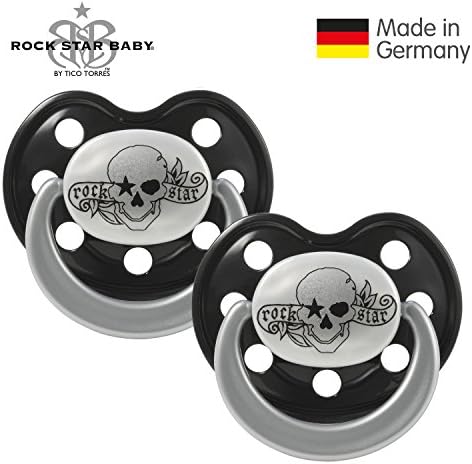 ROCK STAR BABY by Tico Torres - Silicone Orthodontic Baby Pacifier - Size 2 for 6-18 months - 2 Pack - Soother with travel cover - Tattoo Pirate, black