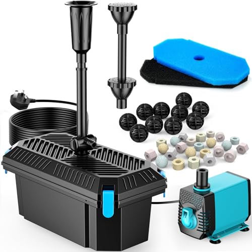 POPOSOAP Pond Filter with Pump Fountain Kits 2500 L/H Pond Filter with 40W Pond Pump & Fountain Kit Koi Pond Filters for Outdoor Ponds Clean Clear and Add Water Features(Corded Electric)