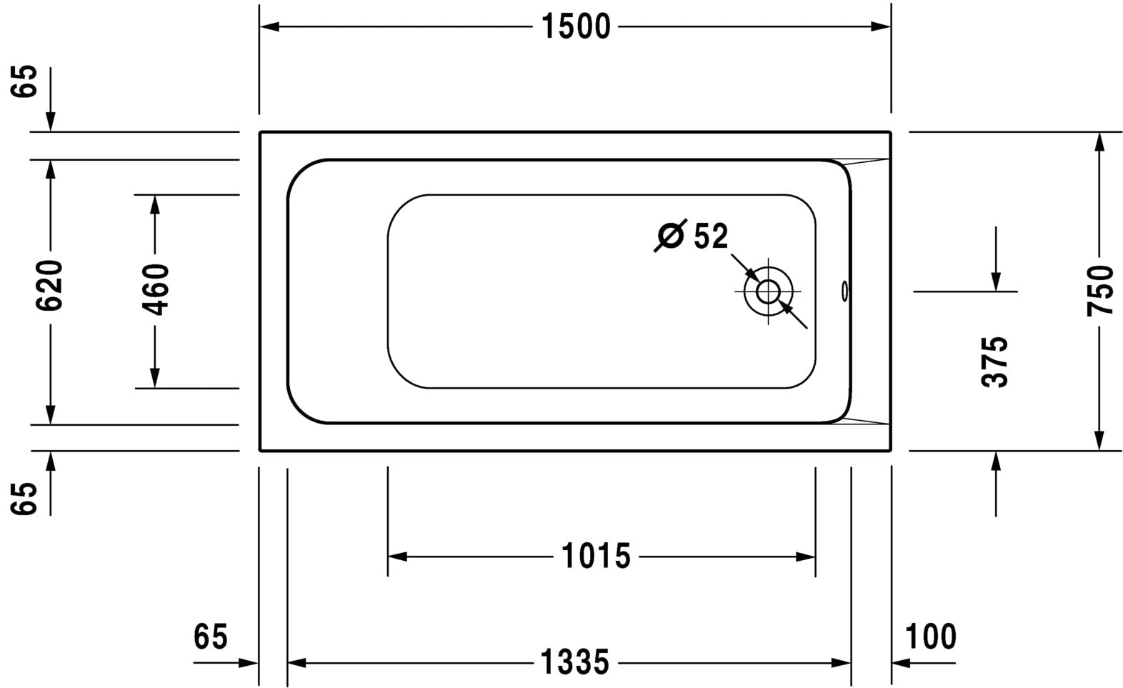 BAIGNOIRE D-CODE 150X75 BLANC AVEC PIEDS DURAVIT