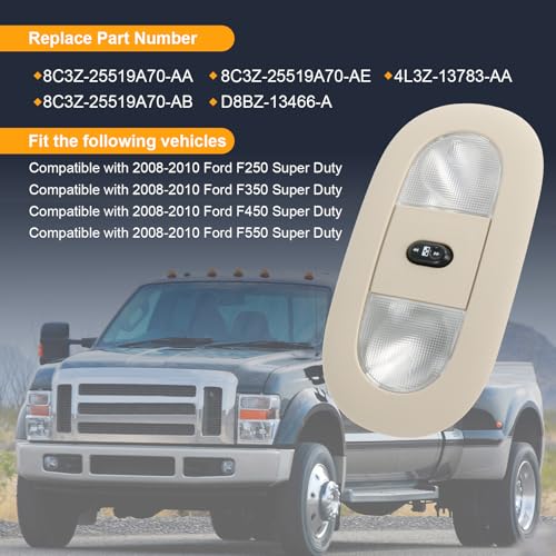 Image of LED Overhead Console Dome Map Light Interior Lamp Roof Reading Light, Beige | Compatible with 2008-2010 Ford F-250 F-350 F-450 F-550 Super Duty Replace# 8C3Z-25519A70-AA, 4L3Z-13783-AA