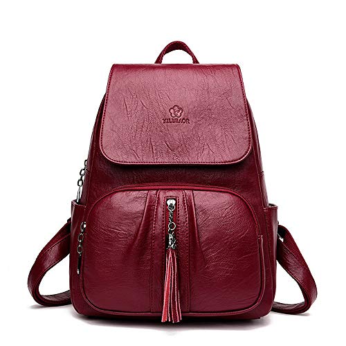 Sac à dos femme cuir PU de couleur unie rouge avec finitions gland élégantes