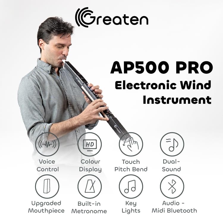AP500 Pro Elektronisches Blasinstrument, Synthesizer, 120 Sounds, Sprachsteuerung, Bluetooth, OLED-Display, 8 Oktaven, Atemkurve einstellbar, wiederaufladbares elektrisches Saxophon (Schwarz)