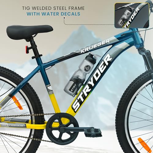 Image of Stryder 26T Krueger Mountain Cycle for Adults | Front Suspension | Dual Disc Brakes | Welded Steel Frame | Double Wall Alloy Rims | Unisex Bicycle | 90% Assembled | Blue and Yellow