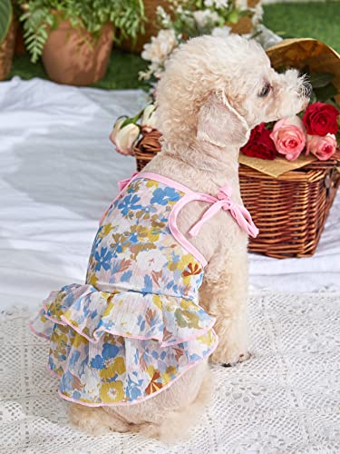Qwinee Dog Dresses Flower Print Cat Dog Ruffle Trim Self-Tie Vest Dress Breathable Dog Shirt Skirt Pet Costume For Puppy Small Medium Girl Dogs Cats Kitten Multicolor Xs #TOP1