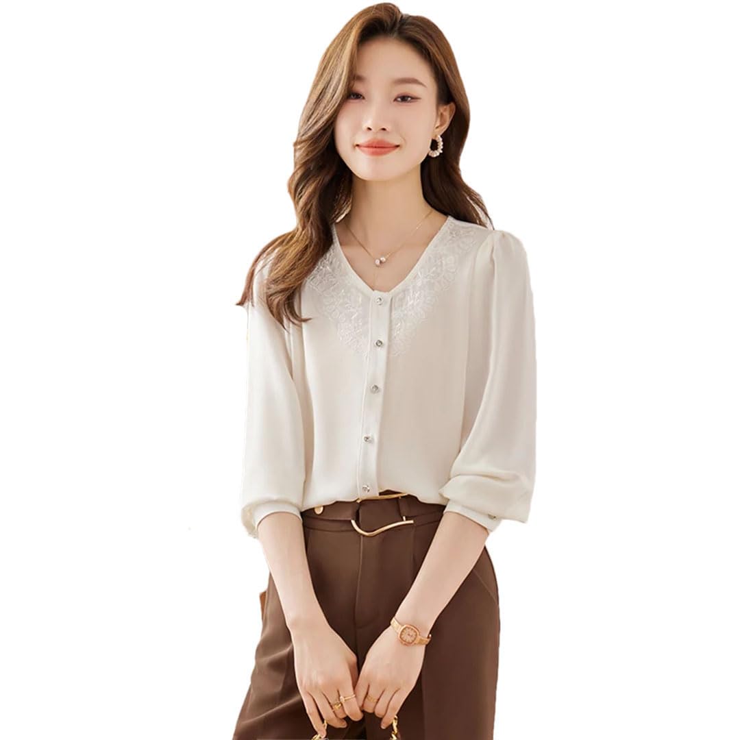Camisa bordada para mujer, cuello redondo, manga larga, para oficina, trabajo