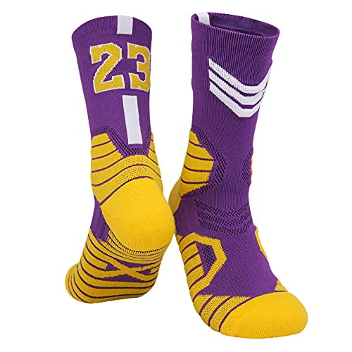 Joinfine #23 Sport 4 Pairs Elite Basketball Socks Athletic Sock Basketball Fans Crew Socks Gift For Men Women #23 Purple Gold (4 Pairs) One Size #TOP2