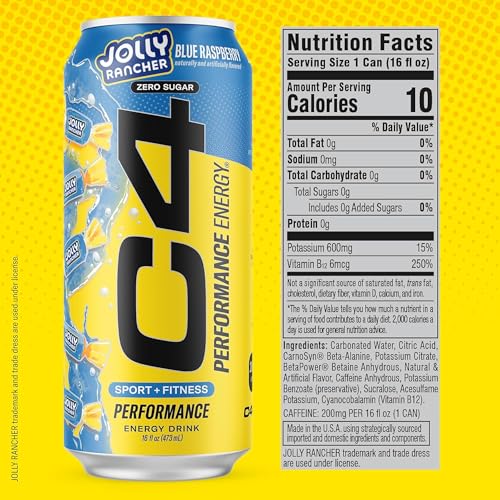 Image of C4 Performance Energy Drink, Jolly Rancher Blue Raspberry, Zero Sugar Carbonated Preworkout Energy, 200mg Caffeine with Beta Alanine, 16 Fl Oz (12 Pack)
