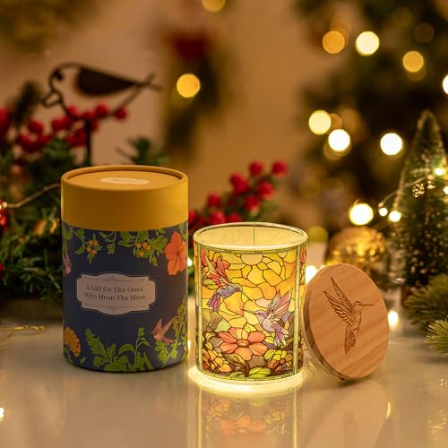 Hewory Hummingbird Gifts for Women: Glass Tea Light Candle Holders Jar with Wood Lid, Hummingbird Christmas Ornament for Mom Grandma Sister, Home Decor for Candle Lover Bird Lover (Include LED String)