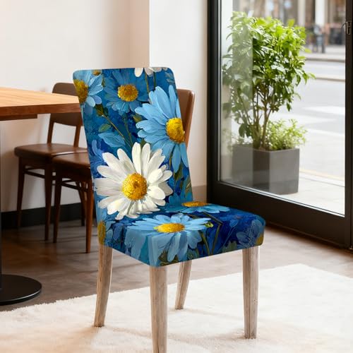 Image of Nuxovilar 2PCS Blue Daisy Print Milk Silk Dining Chair Covers