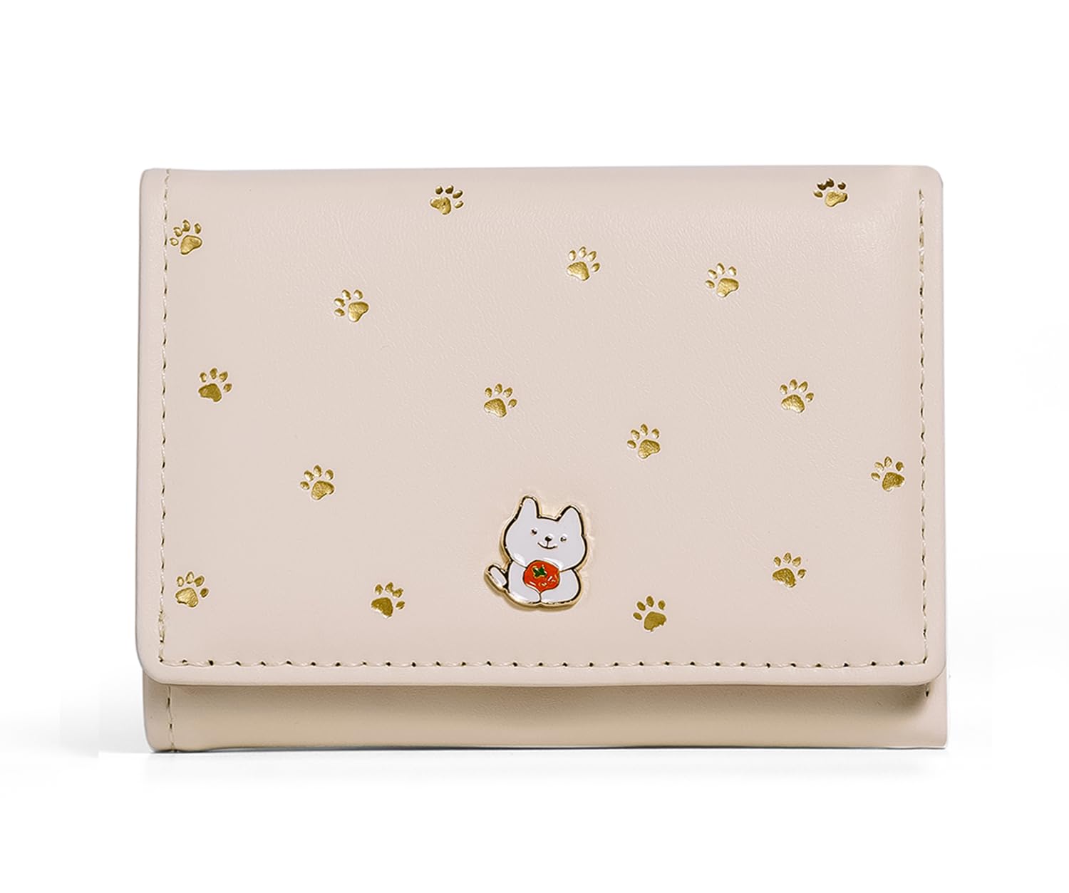 Cute Small Wallet for Womens & Girls - Stylish Faux Leather Tri-Fold Cash, Card Holder Coin Wallets, Multiple Cards Slots with Golden Cat Paw Pattern Hand Purse(White)