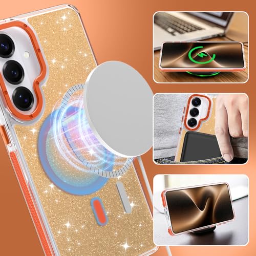 Image of Magnetic Case for Samsung Galaxy S26 Plus [Compatible with Magsafe] [Bling Glitter Fluorescent Design] [1 Screen Protector] Slim Translucent Matte Case for Galaxy S26 Plus 6.7 inch, Orange