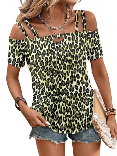 Image of Bliwov Womens Cold Shoulder Tops Short Sleeve Cute Sexy Summer Spring Beach Vacation T Shirts Fashion Outfits Basic Clothes