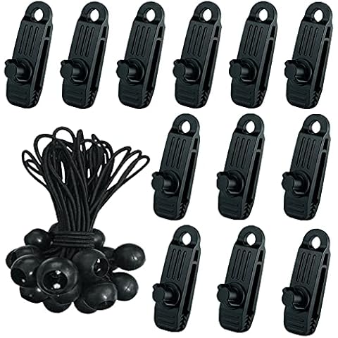 Gmili 24 Piece Tarp Clips Set, 12 x Multi-Purpose Crocodile Mouth Tents Clip with 12 x Bungee Rope for Tents, Covers, Awnings, Banners, Boating, Gardening, Canopies, Outdoor Camping, Caravans Cover