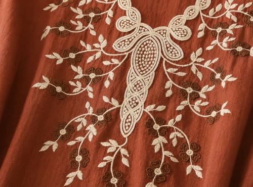 Image of RIEKA Womens Embroidered Korean Style Tunic Top, Floral Thread Work | V Neck | Puff Sleeves | Relaxed Fit Casual | Fusion Rayon Top for Every Day Styling