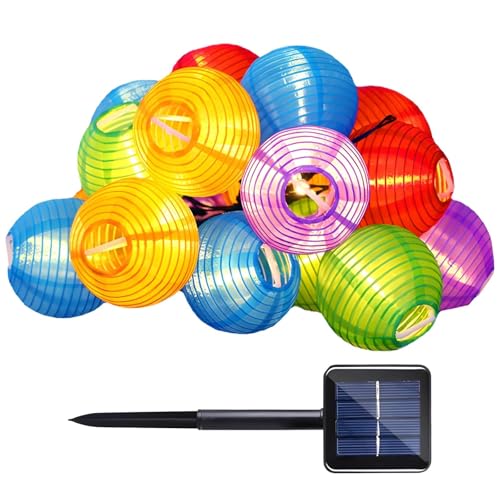 Guirnalda de luces solares de 16 pies, faroles decorativos con 20 linternas LED de nailon para decoración de exteriores e interiores, brillo amarillo cálido, certificado FCC y CE