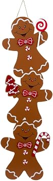 Hobby Lobby Stacked Gingerbread Men Wall Decor, Christmas Holiday Plywood & MDF Decoration, Brown with Red Accents, 35.4 x 11.2 Inch Vertical Hanging Sign