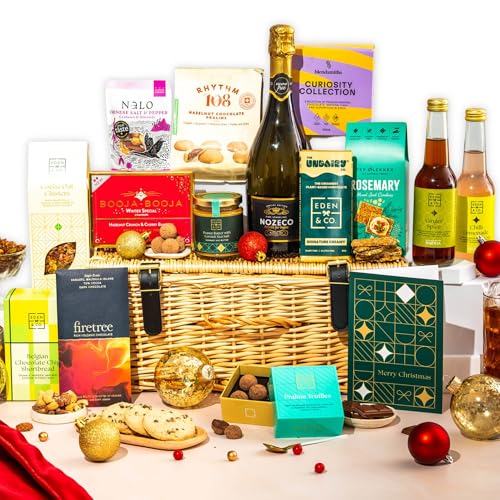 Merry Christmas Vegan Gift Hamper Basket, Luxury Gourmet Gifts for Women or Couples, Wicker Xmas Family Hamper by EDEN & CO - 2 Non-Alcoholic Mocktail