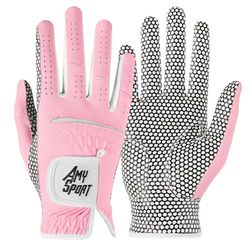 Amy Sport All Weather Grip Golf Gloves Women 2 Pack (Pink, Large, Right)