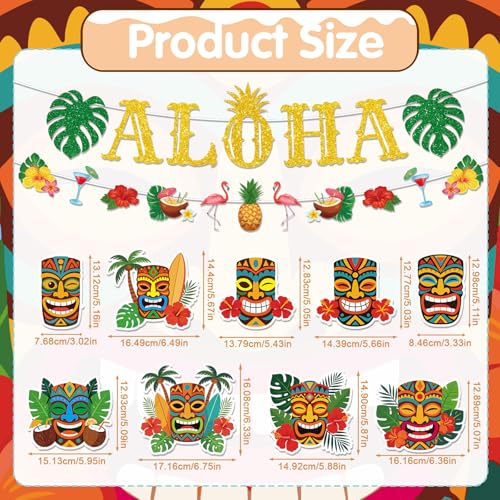Image of Gameza Hawaiian Aloha Party Decorations, 11PCS Hawaiian Tropical Luau Glitter Banners with Hanging Swirls Decoration, Flamingo Pineapple Summer Decor Supplies