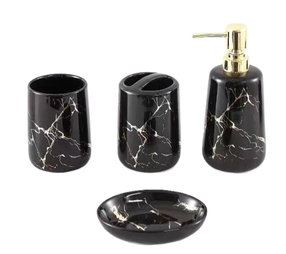 NZPOST Juego de Accesorios de baño de cerámica de mármol de 4 Piezas con dispensador de jabón, Soporte para Cepillo de Dientes, Taza para Cepillo de Dientes