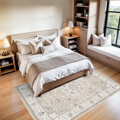5x7 Living Room Area Rugs: Washable Non-Slip Stain Resistant Rug for Bedroom Dining Room Vintage Ultra Soft Indoor Carpet for Nursery Kitchen Farmhouse Thin Floor Mat for Home Office (5x7 Beige)