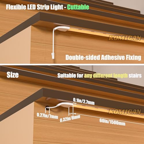 Intelligent Motion Sensor LED Stair Lighting Kit KMG-3233, 60 Inch Cuttable LED Strip Light for Indoor Stair Lights - Warm White 3000K, 20 Stairs