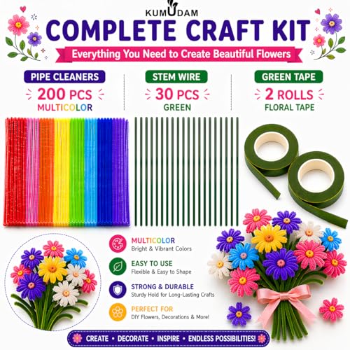 Image of Pipe Cleaners for Craft Flower Making Set, Fuzzy Chenille Stems and Fluffy Sticks with Floral Tape and Wire, for Kids Arts and Crafts, (pipe cleaners-200 /stem wire-30 /green tape-2)