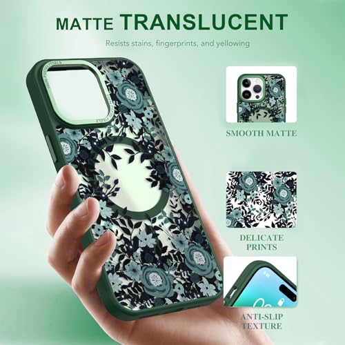Image of Magnetic for iPhone 14 Pro Max Case with for Women, Green Flower | Pretty Floral Pattern Design [Compatible with MagSafe] Shockproof Slim Translucent Matte Non-Slip Protective Cover