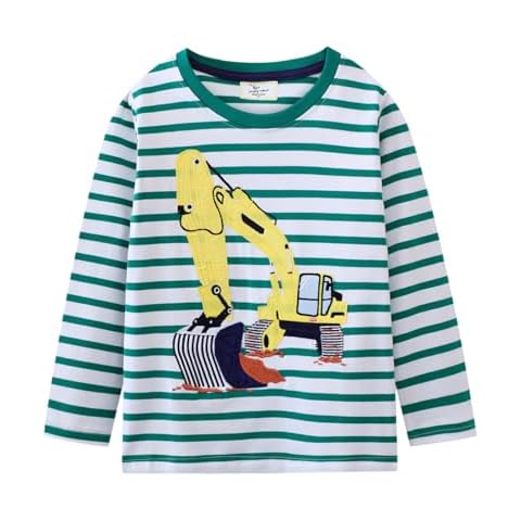 Mrocioa Toddler Boy T-shirt Digging Excavator Embroidery Shirt Activewear Tops Kids Stripe Sleeve Baby Cotton Tees 4T Cover
