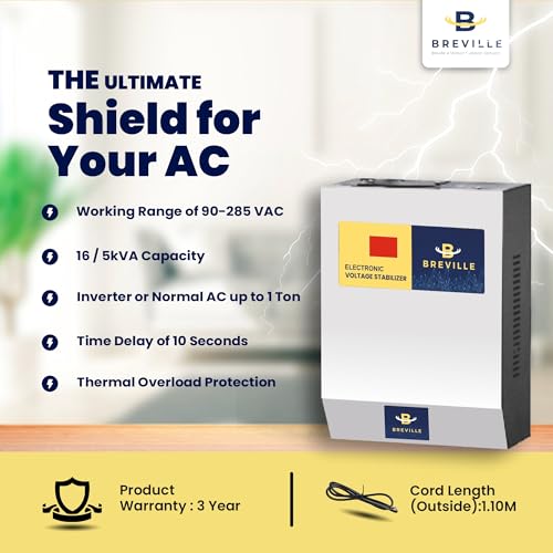 Image of Breville AC Double Booster Voltage Stabilizer for 1.5 Ton Inverter & Non-Inverter AC | 5kVA Capacity | Working Range 90V-285V | High & Low Voltage Cut-Off |3 Year Warranty (SS Body)