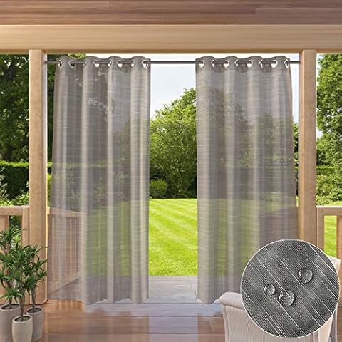 JHome Outdoor Faux Linen Textured Semi Sheer Curtains Patio Panels, Waterproof Grommet Top Gray Sheer Curtains with Rope Tieback, Keep Privacy for Pavilion/Porch/Yard/Cabin (1 Panel, 54 by 84 Inch) Cover