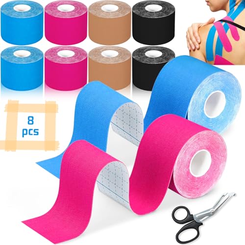 EUZLABBY 8 Rollos de kinesio tape,Rollos de Cinta de Kinesiológica (5mx 5cm), Vendaje Elástico,Cinta Deportiva Set,con Tijeras Especiales,para Rodillas,Hombros y Codos,Muñecas, Alivio Dolor Muscular.