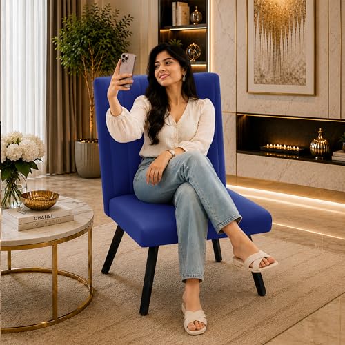 Image of Modern Velvet Accent Chair for Living Room | Upholstered Single Seater Chair with Metal Legs | Comfortable Seating for Bedroom, Office & Guest Room - Blue